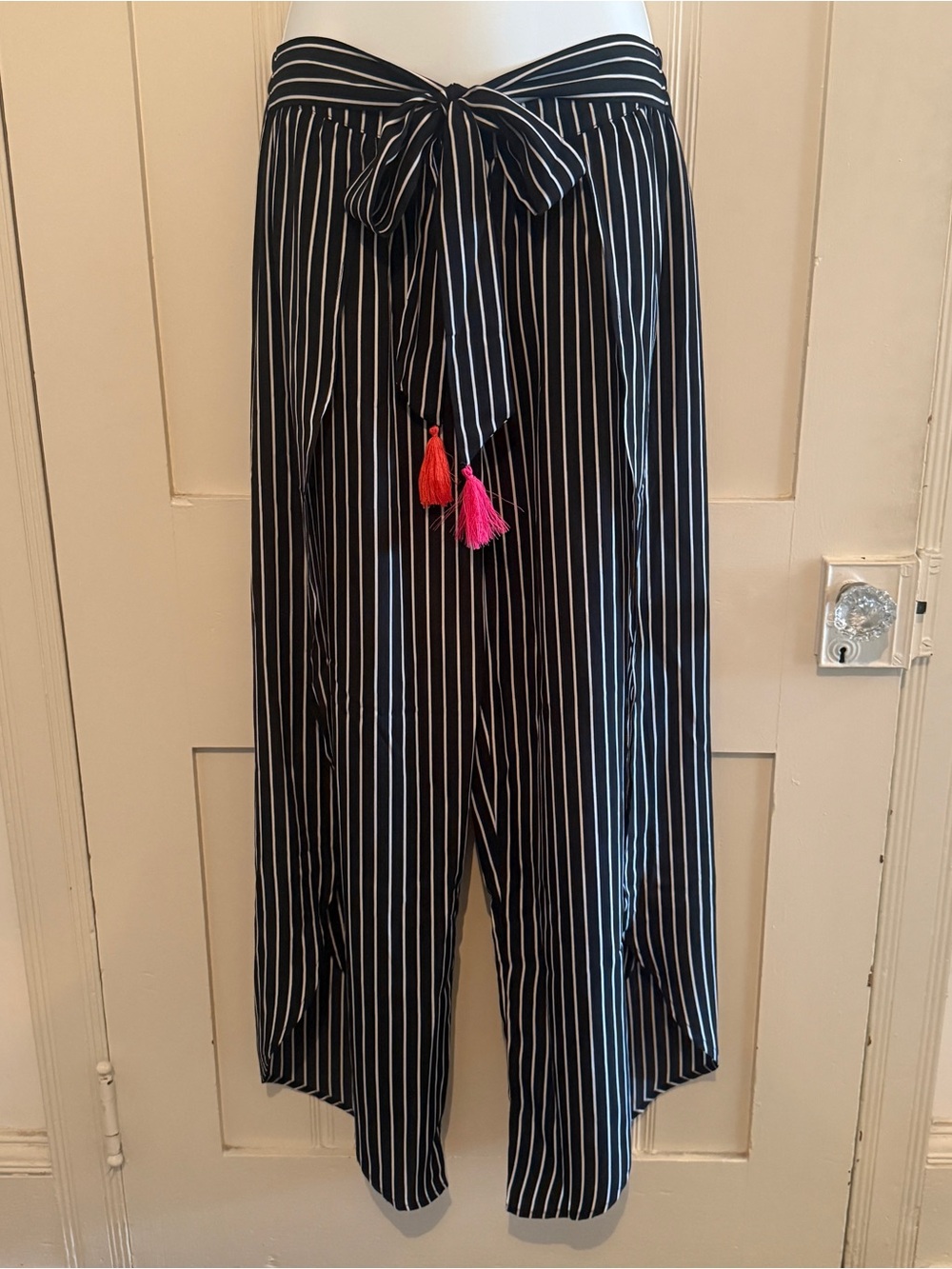THML Black and White Vertical Stripe Elastic Waist Pants